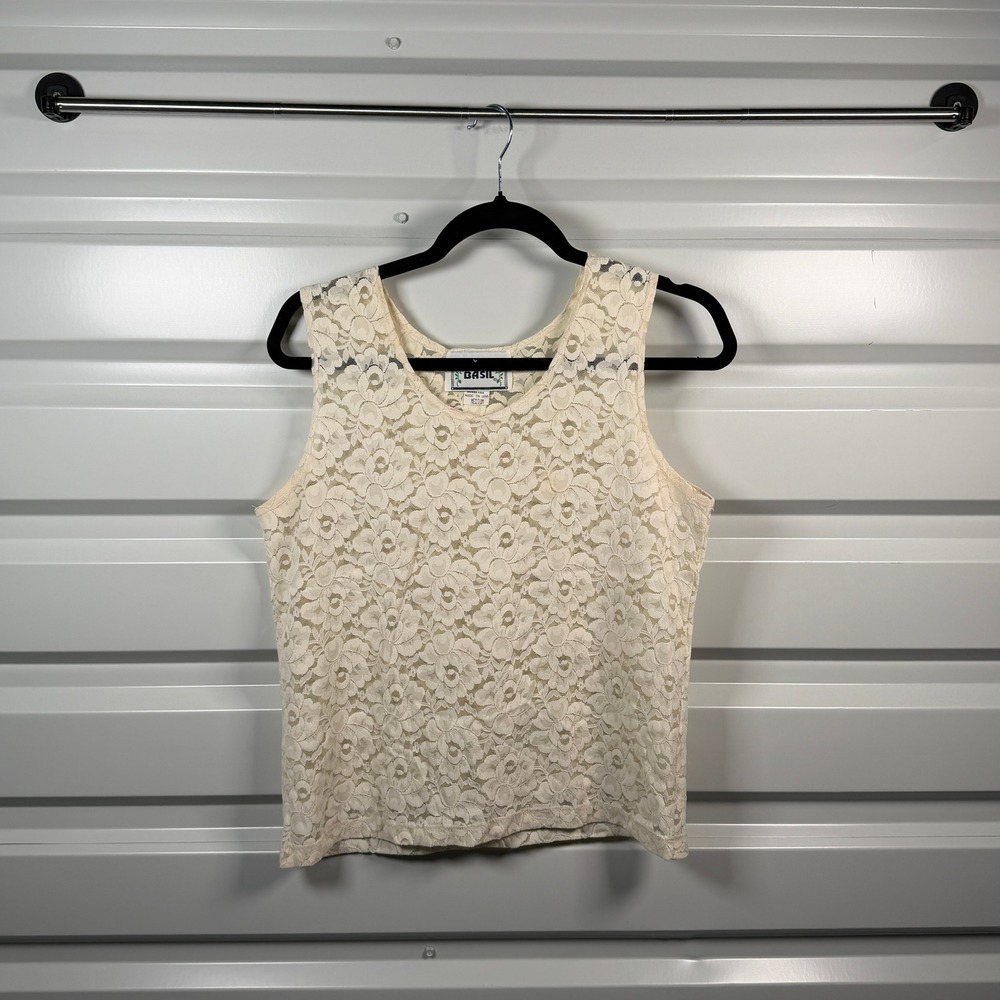 Basil Vintage 90s Floral Lace Tank Top Cream Ivory Scoop Neck Sleeveless Medium